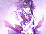  bishoujo_senshi_sailor_moon black_hair bow brooch choker dress earrings elbow_gloves gloves grey_eyes hagiwara_rin hands_clasped holding holding_staff interlocked_fingers jewelry magical_girl own_hands_together polearm purple_sailor_collar sailor_collar sailor_saturn sailor_senshi_uniform school_uniform serafuku short_hair solo staff star star_choker tomoe_hotaru weapon white_dress 