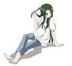  1girl barefoot green_hair highres otesho playing_with_hair simple_background suzumiya_haruhi_no_yuuutsu tsuruya yellow_eyes 
