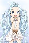  :d ahoge armlet bare_shoulders blue_eyes blue_hair blush bracer cowboy_shot dress granblue_fantasy ham_(points) long_hair looking_at_viewer lyria_(granblue_fantasy) open_mouth simple_background smile solo v_arms white_background white_dress 