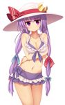  alternate_hairstyle alternate_headwear bikini blush bow bracelet breast_rest breasts cleavage colorized crescent frilled_bikini frills front-tie_top hair_bow hair_ornament hat hat_ribbon jewelry kuresento long_hair looking_at_viewer low_twintails maturiuta_sorato medium_breasts midriff navel necklace patchouli_knowledge pink_eyes purple_bikini purple_hair ribbon simple_background solo swimsuit touhou twintails very_long_hair white_background 