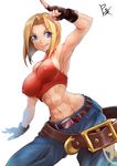  abs armpits baggy_pants bare_shoulders blonde_hair blue_mary breasts commentary_request covered_nipples crop_top fatal_fury fingerless_gloves gloves hair_intakes halterneck impossible_clothes impossible_shirt large_breasts midriff muscle muscular_female pants shirt short_hair solo sowel_(sk3) the_king_of_fighters 