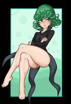 1girl ahgot bare_legs barefoot black_dress blush bottomless crossed_arms curly_hair dress feet female flat_chest floating green_eyes green_hair hips legs legs_crossed long_legs one-punch_man onepunch_man open_mouth pussy pussy_juice short_hair simple_background sitting smile solo tatsumaki toes uncensored 