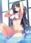  adjusting_hair bikini black_hair blush braid breasts cleavage horikita_suzune long_hair looking_at_viewer medium_breasts navel o-ring o-ring_bottom official_art partially_submerged pool red_eyes sitting solo swimsuit tomose_shunsaku very_long_hair wet white_bikini youkoso_jitsuryoku_shijou_shugi_no_kyoushitsu_e 