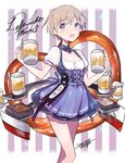  2015 :d alcohol apron artist_name bangs beer beer_mug blonde_hair blue_apron blue_eyes blush cat character_name choker cup cursive dated dirndl dress food german_clothes hair_between_eyes holding holding_cup iron_cross kantai_collection oktoberfest open_mouth pretzel puffy_short_sleeves puffy_sleeves sailor_collar short_dress short_hair short_sleeves signature smile solo tokage_(prayico) unsinkable_sam waist_apron z1_leberecht_maass_(kantai_collection) 
