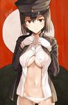  akitsu_maru_(kantai_collection) ass_visible_through_thighs breasts brown_hair commentary_request covered_nipples dated dress_shirt gloves hands_on_own_chest hat jacket kantai_collection large_breasts looking_at_viewer navel no_pants open_clothes open_jacket open_shirt panties peaked_cap red_background remodel_(kantai_collection) shirt short_hair solo tomozo_kaoru twitter_username underboob underwear 