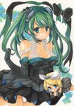  absurdres arm_support bare_shoulders black_dress black_gloves blonde_hair blue_eyes bow breasts cleavage collarbone commentary dress elbow_gloves gloves green_eyes green_hair hair_bow hair_ornament hair_ribbon hatsune_miku highres kagamine_rin long_hair looking_at_viewer marker_(medium) medium_breasts multiple_girls panties pantyshot pantyshot_(standing) playing_with_own_hair ribbon see-through standing traditional_media twintails underwear vocaloid white_panties yurun 