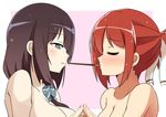  aqua_eyes bad_id bad_pixiv_id bare_shoulders black_hair bow breasts closed_eyes food hair_bow hair_ribbon hands_together large_breasts long_hair multiple_girls naruse_mai parted_lips pocky pocky_kiss ponytail profile ribbon shared_food short_hair tougou_mimori yuri yuuki_yuuna yuuki_yuuna_wa_yuusha_de_aru yuusha_de_aru 