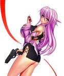  1girl ass back bangs bare_shoulders blush breasts cropped_legs dress dutch_angle fingernails gun hair_between_eyes holding holding_weapon huge_breasts long_fingernails long_hair looking_at_viewer looking_back miniskirt mo-frederick parted_lips purple_hair shiny shiny_hair short_dress skin_tight skindentation thighs weapon wide_sleeves 
