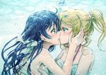  air_bubble ayase_eli bikini blonde_hair blue_eyes blue_hair breath bubble couple eye_contact face-to-face forehead-to-forehead from_side hand_on_another's_face kiss long_hair looking_at_another love_live! love_live!_school_idol_project multiple_girls ponytail profile sonoda_umi suito swimsuit underwater yellow_eyes yuri 