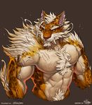  2015 abs anthro biceps chest_tuft feline fluffy fur green_eyes male mammal muscular muscular_male pecs pockyrumz pubes saber-toothed_cat scar simple_background solo takemoto_arashi tuft vein whiskers 