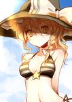  arms_behind_back bare_shoulders bikini black_bikini blonde_hair blue_sky body_blush bow braid breasts cloud collarbone day dena.ei hat hat_bow highres kirisame_marisa light_rays long_hair looking_at_viewer navel outdoors parted_lips sketch sky small_breasts solo star star-shaped_pupils striped striped_bikini swimsuit symbol-shaped_pupils touhou upper_body white_bow witch_hat yellow_eyes 