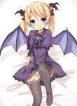  :q black_legwear blonde_hair blue_eyes blush capelet casper_(deathsmiles) covering covering_crotch deathsmiles demon_wings dress head_wings leg_up long_hair looking_at_viewer mokoke no_shoes purple_dress sitting smile solo thighhighs tongue tongue_out twintails wings 