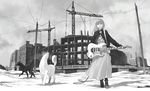  cable cloud cloudy_sky construction construction_site crane dog electric_guitar greyscale guitar hammer_and_sickle instrument jacket long_hair long_skirt monochrome open_clothes open_jacket original outdoors pomodorosa russian skirt sky snow solo telephone_pole translated 