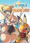  ass ass-to-ass blonde_hair blue_leotard breasts clothed_pokemon cosplay_pikachu crossover gen_1_pokemon grin hand_on_hip large_breasts leotard mask multiple_girls pikachu pokemon pokemon_(creature) pokken_tournament quassihollic rainbow_mika smile street_fighter street_fighter_zero_(series) twintails wrestling_outfit 