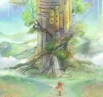  ar_tonelico arm_up brown_hair character_request dress from_behind hill kari_avalon pipes scenery solo stone torii tower tree 