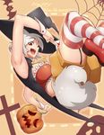  alternate_costume animal_ears armpits breasts card eyebrows hat heart inubashiri_momiji large_breasts looking_at_viewer open_mouth pumpkin red_eyes short_hair silver_hair solo striped striped_legwear tail text_focus thick_eyebrows thighhighs thighs tochinoko touhou witch_hat wolf_ears wolf_tail 