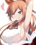  ;q alternate_breast_size arm_up armpits blue_eyes breasts brown_hair clarisse_(granblue_fantasy) granblue_fantasy heart large_breasts long_hair one_eye_closed ponytail shiki_(psychedelic_g2) sideboob simple_background solo tongue tongue_out white_background 