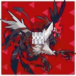  abstract_background avian beak bird black_feathers chicken feathers feral kuroblood looking_back male open_mouth red_eyes solo talons white_feathers wings 