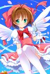  bashen_chenyue brown_hair cardcaptor_sakura cherry_blossoms dress fuuin_no_tsue gloves green_eyes hair_intakes hat highres kinomoto_sakura magical_girl petals pink_hat short_hair smile solo squatting thighhighs wand wings 