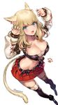  :d animal_ears bandeau blonde_hair blue_eyes breasts cat_ears cat_tail cleavage detached_sleeves final_fantasy final_fantasy_xiv flower full_body jpeg_artifacts large_breasts looking_at_viewer miniskirt miqo'te open_mouth paw_print senchat skirt smile solo strapless tail thighhighs 