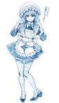  aoki_hagane_no_arpeggio apron bag bbb_(friskuser) blue highres long_hair maid maid_cap monochrome pantyhose pose shoe_dangle simple_background solo standing translated vampire_(aoki_hagane_no_arpeggio) white_background 