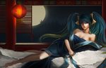  1girl bare_legs bare_shoulders blue_eyes blue_hair breasts cleavage full_moon hair_ornament jeny_wang lantern large_breasts league_of_legends lips looking_at_viewer lying master_yi moon mountain night night_sky off_shoulder on_side paper_lantern silhouette sky sona_buvelle twintails 