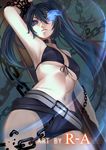  arm_up armpits artist_name aurora_rokudo belt black_bikini_top black_hair black_rock_shooter black_rock_shooter_(character) black_shorts blue_eyes breasts broken broken_chain burning_eye chain choker hair_between_eyes large_breasts long_hair looking_at_viewer looking_down midriff navel parted_lips scar short_shorts shorts solo twintails underboob 