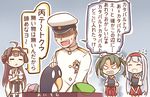  3girls :d ^_^ admiral_(kantai_collection) ahoge brown_hair closed_eyes detached_sleeves double_bun failure_penguin flying_sweatdrops hair_ribbon hairband hakama_skirt hat headgear hishimochi ido_(teketeke) japanese_clothes kantai_collection kongou_(kantai_collection) long_hair long_sleeves military military_uniform multiple_girls muneate nontraditional_miko open_mouth peaked_cap red_skirt ribbon short_hair short_sleeves shoukaku_(kantai_collection) skirt smile translated twintails uniform white_hair white_ribbon wide_sleeves zuikaku_(kantai_collection) 