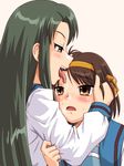  2girls blush brown_hair green_hair hand_on_another's_head licking multiple_girls open_mouth purple_bonus saliva supon suzumiya_haruhi suzumiya_haruhi_no_yuuutsu sweat tongue tsuruya yellow_eyes yuri 