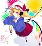 alternate_costume bad_id bad_pixiv_id beamed_eighth_notes blonde_hair daimaou_ruaeru eighth_note flandre_scarlet halftone halftone_background hat hat_ribbon headphones long_sleeves looking_at_viewer mob_cap musical_note quarter_note red_eyes ribbon shirt skirt smile solo touhou wings 
