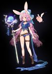  absurdres bag belt bikini_bottom boots bow choker coney flying_pig frills full_body hat highres long_hair looking_at_viewer low_twintails navel original purple_hair solo sparkle staff standing sword thigh_strap thighhighs twintails very_long_hair weapon 