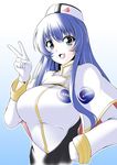  8000 :d blue_eyes blue_hair breasts gloves hand_on_hip kidou_senkan_nadesico large_breasts long_hair looking_at_viewer misumaru_yurika open_mouth simple_background smile solo uniform v white_gloves 