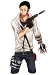  assassin's_creed_(series) bad_id bad_pixiv_id belt black_hair blood desmond_miles earpiece fingerless_gloves gloves gun handgun hidden_blade holster hood hood_down hoodie male_focus orange_eyes pistol scar solo suppressor tanmen thigh_holster weapon 