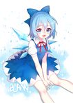  absurdres artist_name blann blue_dress blue_eyes blue_hair cirno dress gradient gradient_background hair_ornament hair_ribbon highres ice ice_wings looking_at_viewer puffy_sleeves ribbon short_hair short_sleeves sitting smile solo sparkle touhou wings 