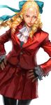  black_legwear blonde_hair blue_eyes cropped drill_hair fingerless_gloves forehead gloves grin hair_pulled_back hair_ribbon hands_on_hips kanzuki_karin long_hair mana30row orange_eyes pantyhose pleated_skirt ribbon simple_background skirt smile solo street_fighter street_fighter_v white_background 