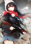  ak-47 assault_rifle bangs bobblehat gun hat highres holding holding_gun holding_weapon jacket knit_hat kuroshio_maki long_hair long_sleeves looking_at_viewer pleated_skirt pom_pom_(clothes) red_eyes red_scarf rifle scarf skirt snowing solo weapon wind 