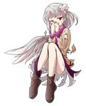  alphes_(style) beaten convenient_leg covering_mouth crossed_bandaids dairi dress full_body hand_over_own_mouth jacket kishin_sagume parody red_eyes short_hair silver_hair single_wing solo style_parody torn_clothes touhou transparent_background wings 