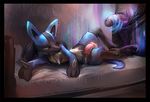  bed blush clothed clothing cum erection lucario male male/male nintendo on_bed partially_retracted penis pok&eacute;mon pubes smile tacklebox uncut video_games 