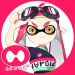  adjusting_goggles arm_up cyclist domino_mask goggles goggles_on_head ichikawa_juuichi inkling jersey mask pink_hair pointy_ears sidelocks smile solo splatoon_(series) splatoon_1 tentacle_hair upper_body yellow_eyes 