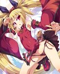  alternate_hairstyle arc_system_works blazblue blonde_hair blush breasts company_connection cosplay covered_nipples detached_sleeves guilty_gear kuradoberi_jam kuradoberi_jam_(cosplay) long_hair looking_at_viewer panties rachel_alucard red_eyes small_breasts solo toraishi_666 twintails underwear very_long_hair 