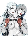  2girls black_hair blonde_hair blue_eyes breast_grab breasts devil_may_cry devil_may_cry_4 grabbing heterochromia hug hug_from_behind lady_(devil_may_cry) multiple_girls naughty_face no_bra trish_(devil_may_cry) yuri 