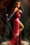  dress elbow_gloves eyeshadow gloves green_eyes high_heels jessica_rabbit lipstick long_hair makeup red_dress red_hair sequins side_slit smoke stage who_framed_roger_rabbit 