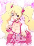  :d blonde_hair blush breasts choker cleavage cure_peach de_(deys) earrings fresh_precure! heart highres jewelry long_hair magical_girl medium_breasts momozono_love open_mouth pink_choker precure purple_eyes smile solo twintails 
