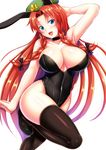  animal_ears arm_up black_legwear black_leotard blue_eyes braid breasts bunny_ears bunny_girl bunnysuit cleavage collarbone ebi_193 hat highleg highleg_leotard hong_meiling large_breasts leotard long_hair looking_at_viewer open_mouth pose red_hair smile solo standing standing_on_one_leg star thighhighs touhou twin_braids very_long_hair 