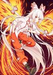  absurdly_long_hair albino boots bow cross-laced_footwear fiery_wings fire fujiwara_no_mokou full_body grin hair_bow hair_ornament hair_ribbon hand_in_pocket highres lace-up_boots long_hair long_sleeves looking_at_viewer ofuda pants red_eyes ribbon shirt smile solo touhou transistor very_long_hair white_hair wings 