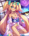  blazblue blonde_hair blush fireworks flat_chest green_eyes heart heart-shaped_pupils japanese_clothes kimono licking_lips long_hair looking_at_viewer no_panties platinum_the_trinity smile solo symbol-shaped_pupils tan tanline tongue tongue_out toraishi_666 two_side_up very_long_hair 