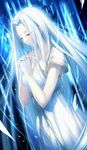  breasts cleavage dress fate/grand_order fate/zero fate_(series) hands_together highres irisviel_von_einzbern long_hair looking_down medium_breasts official_art red_eyes resized shinooji silver_hair solo upscaled waifu2x white_dress 