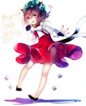  animal_ears bad_id bad_pixiv_id black_gloves bow brown_hair cat_ears cat_tail chen daimaou_ruaeru dress fingerless_gloves gloves hat heart long_sleeves looking_at_viewer mob_cap multiple_tails nekomata open_mouth paw_print red_dress red_eyes shirt smile solo tail touhou 