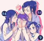  age_comparison age_difference blue_eyes blue_hair blush child covering_face dokidoki!_precure embarrassed girl_sandwich hishikawa_rikka kenzaki_makoto long_hair multiple_girls multiple_persona necktie negom number older ponytail precure purple_hair sandwiched short_hair smile spoken_blush time_paradox two_side_up younger yuri 