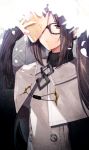  1girl akuta_hinako arm_up black-framed_eyewear black_sweater book brown_hair buttons closed_mouth commentary_request earrings expressionless fate/grand_order fate_(series) glasses grey_capelet highres holding holding_book jewelry long_hair long_sleeves looking_at_viewer magic_circle open_book petals ponita ribbed_sweater sleeves_past_wrists solo sweater turtleneck turtleneck_sweater twintails upper_body very_long_hair 